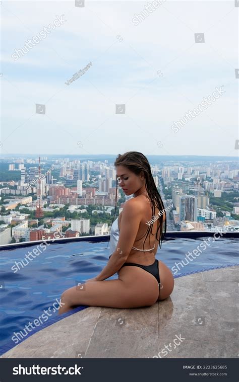Back View Unrecognizable Female Bikini Touching Stock Photo