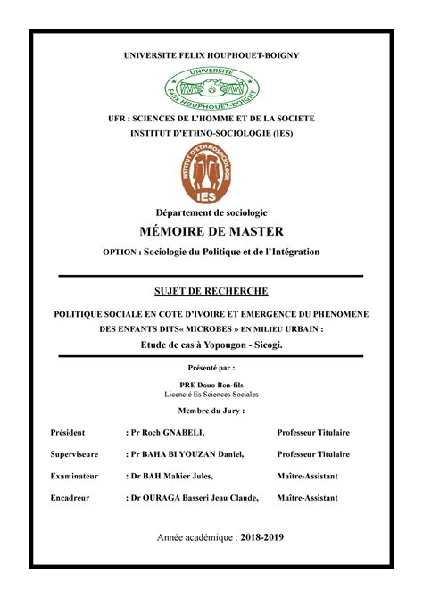 Memoire Master Ii De Pre Bon Fils Universite Felix Houphouet Boigny