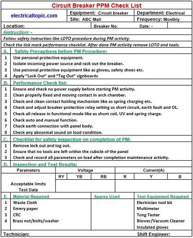 Circuit Breaker Preventive Maintenance Activity Checklist