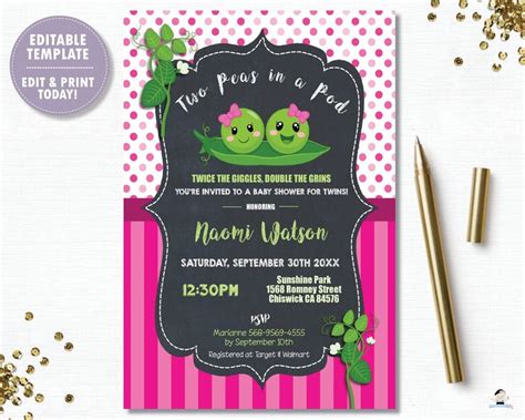 Two Peas In A Pod Twins Baby Shower Invitation Instant Download Baby