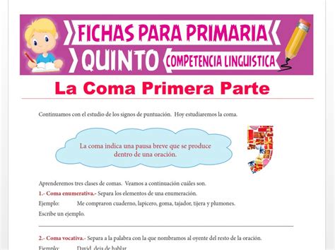 La Coma Primera Parte Para Quinto Grado De Primaria