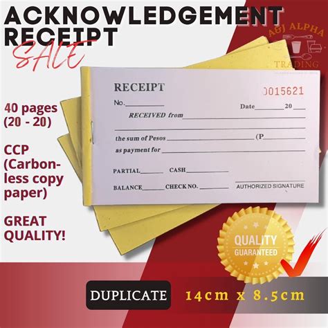 RECEIPT RESIBO Acknowledgement Carbonized 14cm X 8 5cm Duplicate