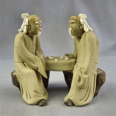 Vintage Miniature Mudmen Clay 2 Chinese Wise Men Playing Game Figurine ...