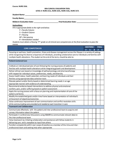 NURS 316L BSN Clinical Evaluation Tool Level II 1 BSN CLINICAL