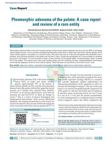 Pdf Pleomorphic Adenoma Of The Palate A Case Report And Review Of A Rare Entity