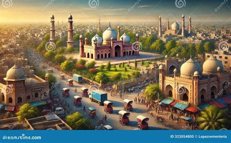 Realistic Painting Of Lahore Pakistan Featuring Badshahi Mosque And