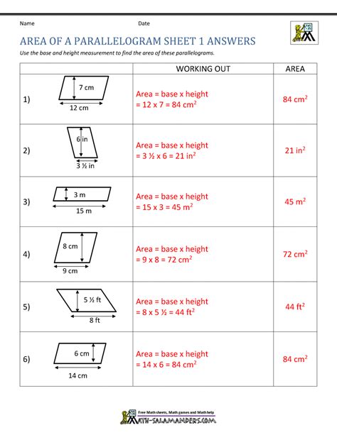 Area of Parallelogram Worksheet