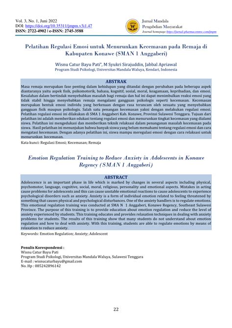PDF Pelatihan Regulasi Emosi Untuk Menurunkan Kecemasan Pada Remaja