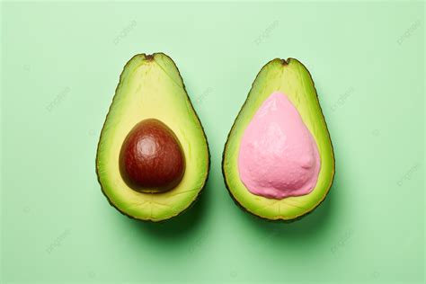 Two Avocados On A Green Table Background High Resolution Fruit