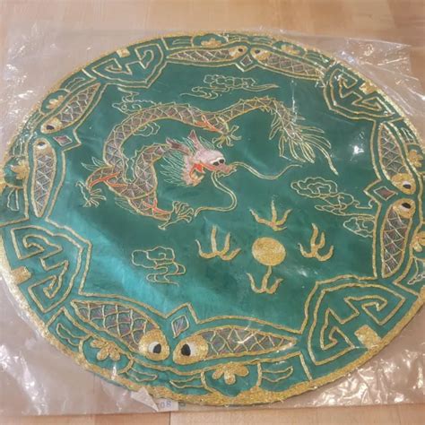 Vtg Chinese Golden Cloud Silk Hand Embroidered Dragon Green Mat Doily