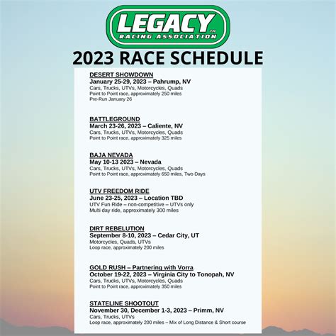 2023 Legacy Racing Schedule Race Dezert