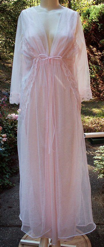 Vtg J C Penney Peignoir Pink Lace Chiffon Long Nightgown Robe