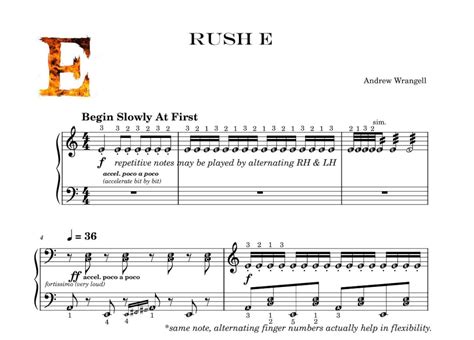 Rush E Intermediate Piano Sheet Music With Note Names And Finger Numbers Free Exercises Etsy