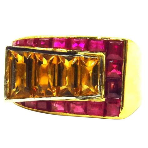 1940s Retro Citrine Ruby Gold Stylized Buckle Motif Ring For Sale At