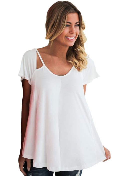 White Cutout Cold Shoulder Flowy Top Fashion Versatile Blouses