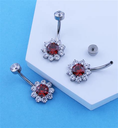 Flora Red Cz Internally Threaded Titanium Belly Button Ring