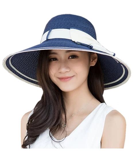 Women Upf 50 Summer Hat Wide Brim Beach Sun Straw Visor Hat W Bowknot