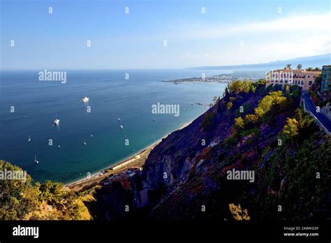 Taormina, Sicily - 11th July 2018:Viewing the beach area of Sicily from ...