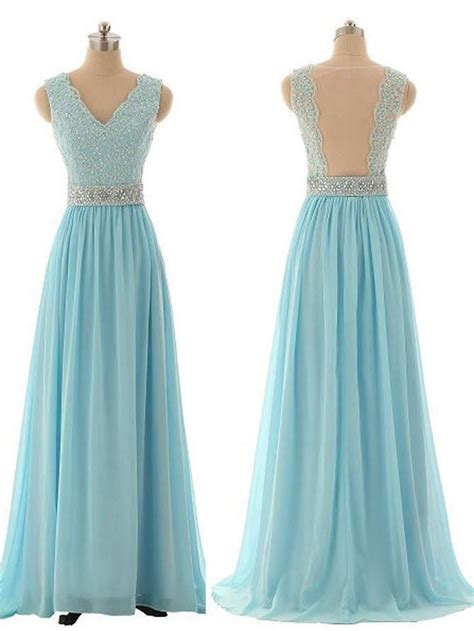 Chic A Line V Neck Light Sky Blue Chiffon Beading Prom Dress Evening