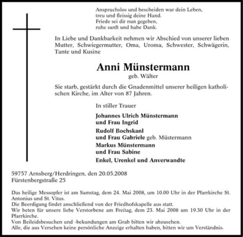 Traueranzeigen von Anni Münstermann Trauer in NRW de