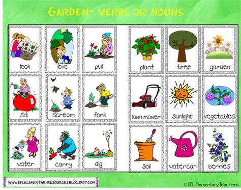 ESL Garden theme action flashcards verbs or noun sorting Esol Teaching ...