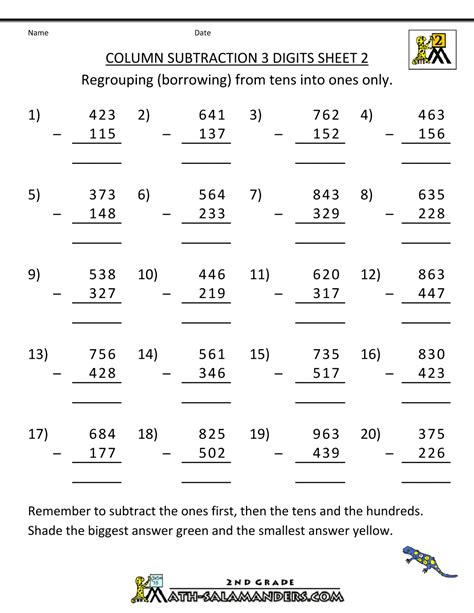 Practice Subtracting Math Worksheet