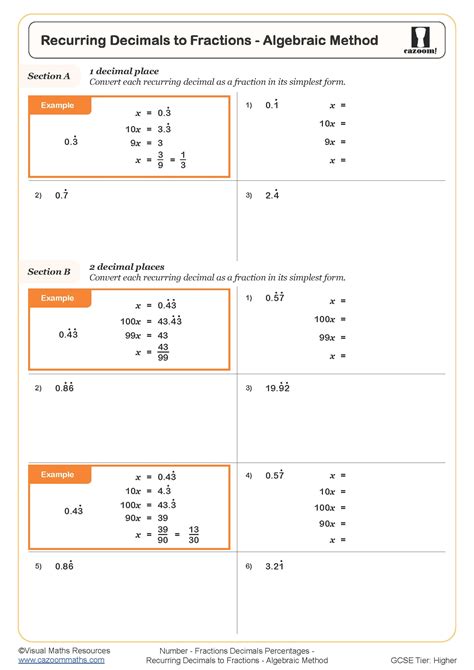 Recurring Decimals To Fractions Algebraic Method Worksheet Cazoom