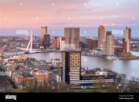 Rotterdam Netherlands City Skyline Over The Nieuwe Maas River At