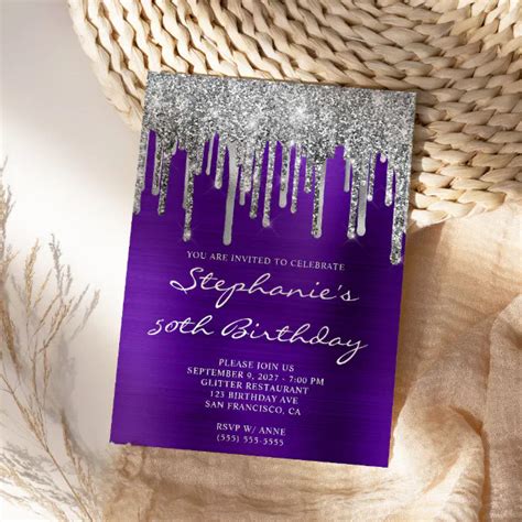 Silver Glitter Drips Indigo Purple 50th Birthday Invitation Zazzle