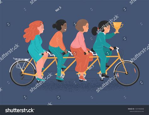 Four Women Riding Tandem Bicycle Together And Royalty Free Stock