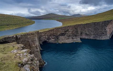 Huge Cliff And Lake Sorvagsvatn On Island Of Vagar Faroe Islands