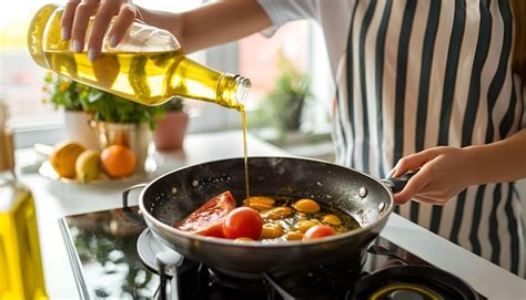 Premium Photo Woman Pouring Cooking Oil From Bottle Into Frying Pan