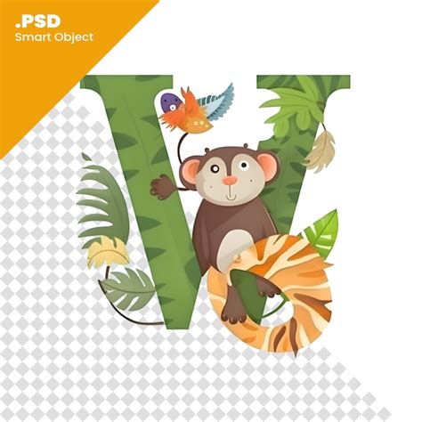 Carta Del Alfabeto J Con Un Mono Lindo Y Hojas Tropicales Plantilla De Ilustración Vectorial Psd