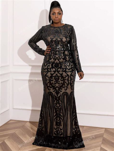 Seomiscky Plus Mermaid Hem Sequin Prom Dress Black Elegant Long Sleeve