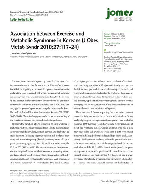 Pdf Association Between Exercise And Metabolic Syndrome In Koreans J