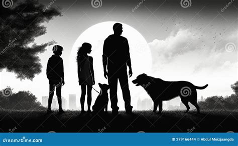 Happy Family with Pet and Kids Stand Together in Silhouette Stock Illustration - Illustration of ...