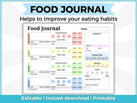 Food Journal Meal Planner Grocery List Printable Meal Plan Template