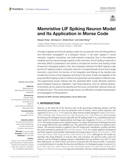 PDF Memristive LIF Spiking Neuron Model And Its Application In Morse Code