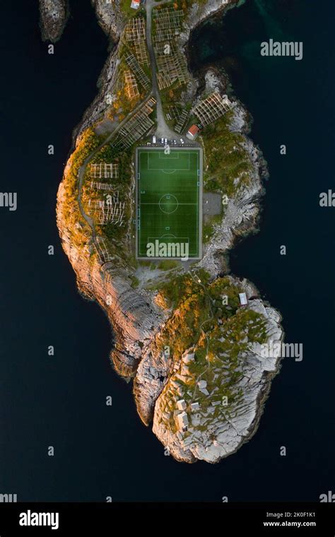 Aerial view of Henningsvaer football field in Lofoten, Norway Stock ...