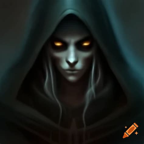 Female Grim Reaper In Foggy Graveyard On A Hill Wearing Black Cloak And