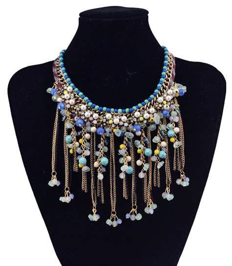 Bohemian Ethnic Multicolor Pearl Crystal Bead Collier Statement Necklace Women Long Tassel