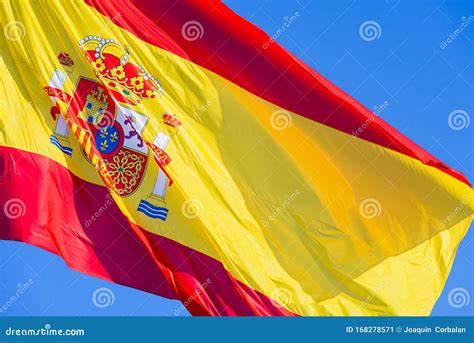 Close Up Of The Flag Of Spain Waving In The Wind Stock Image Image Of