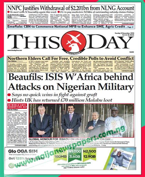 Nigerian Newspapers Front Page Headlines Sunday 9th December 2018