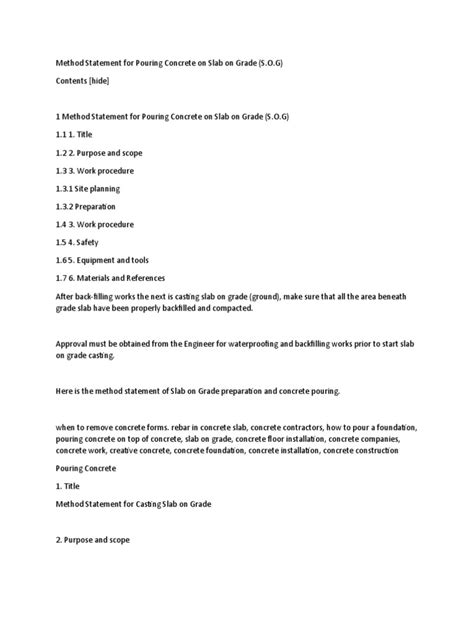 Wms Method Statement For Pouring Concrete On Slab On Grade Concrete Economic Sectors