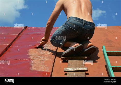 Painting Old Metal Roof With A Paint Brush Worker Repainting House