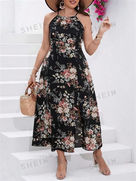 SHEIN Clasi Plus Floral Print Split Thigh Halter Dress SHEIN USA