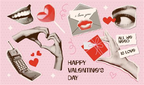 Valentine Day Halftone Torn Out Collage Elements Set With Groovy Heart