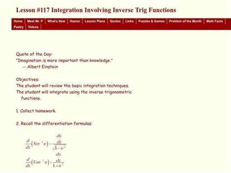 Integration Involving Inverse Trig Functions Lesson Plan For 12th