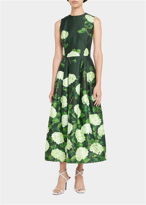 Oscar De La Renta Degrade Hydrangea Mikado Dress Dark Green