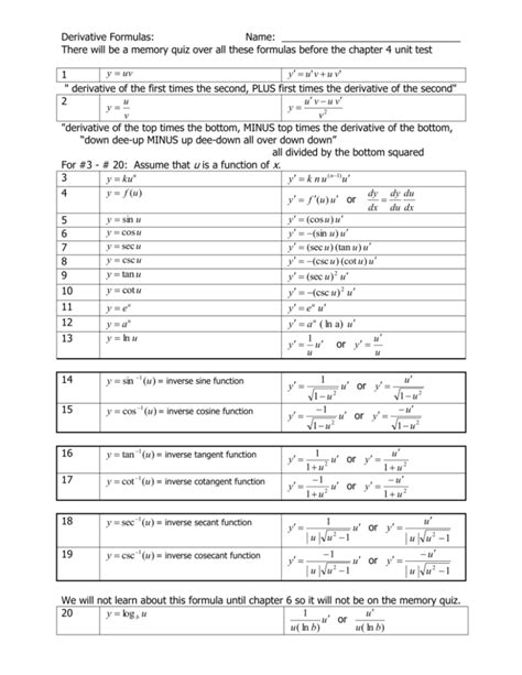 Derivative Formulas: There will be a memory